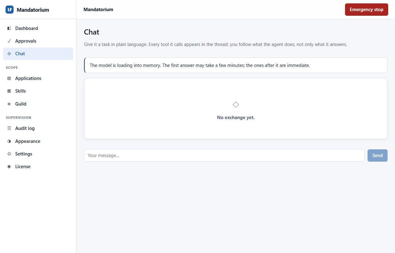 Screenshot: a request typed in plain language in Mandatorium's chat